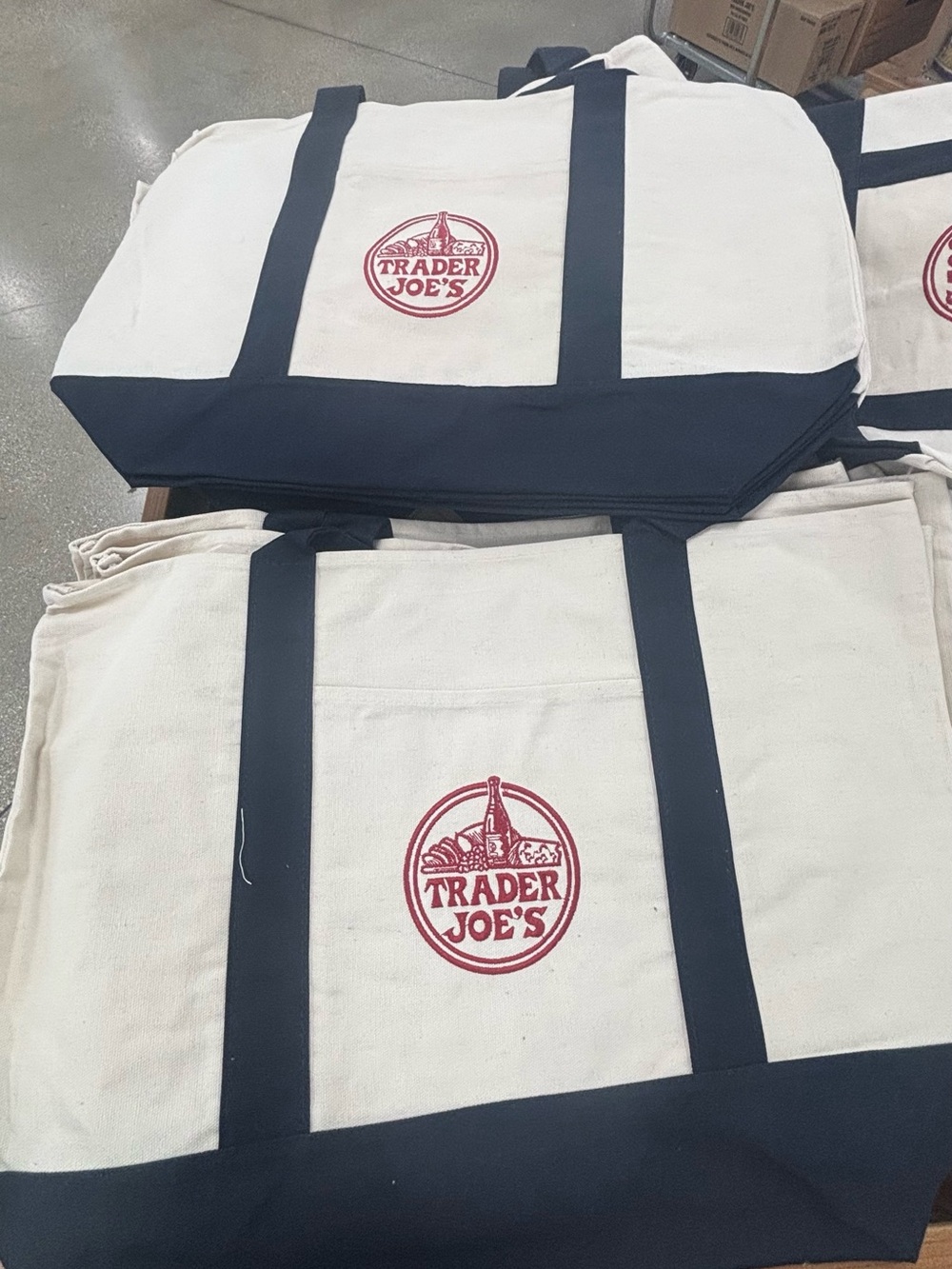 Trader Joe's Cream Canvas Tote with Navy Trim